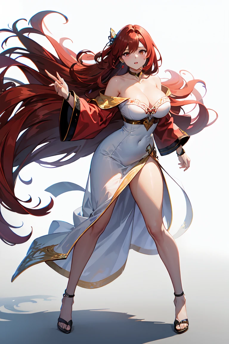 1 female、ruby red hair、long hair、streight hair、{{{RED and GOLD eyes}}}、thick lips、White dress、off shoulder、slim、valley、big breasts、sunlight、(((full body))), detailed, {{{wihout background, no background}}}, {{{white background}}} masterpiece、ultra high resolution、perfect lighting、16k