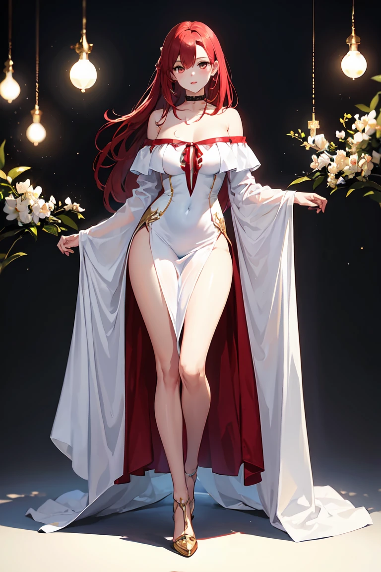 1 female、ruby red hair、long hair、streight hair、{{{RED and GOLD eyes}}}、thick lips、White dress、off shoulder、slim、valley、big breasts、sunlight、(((full body))), detailed, {{{wihout background, no background}}}, {{{white background}}} masterpiece、ultra high resolution、perfect lighting、16k
