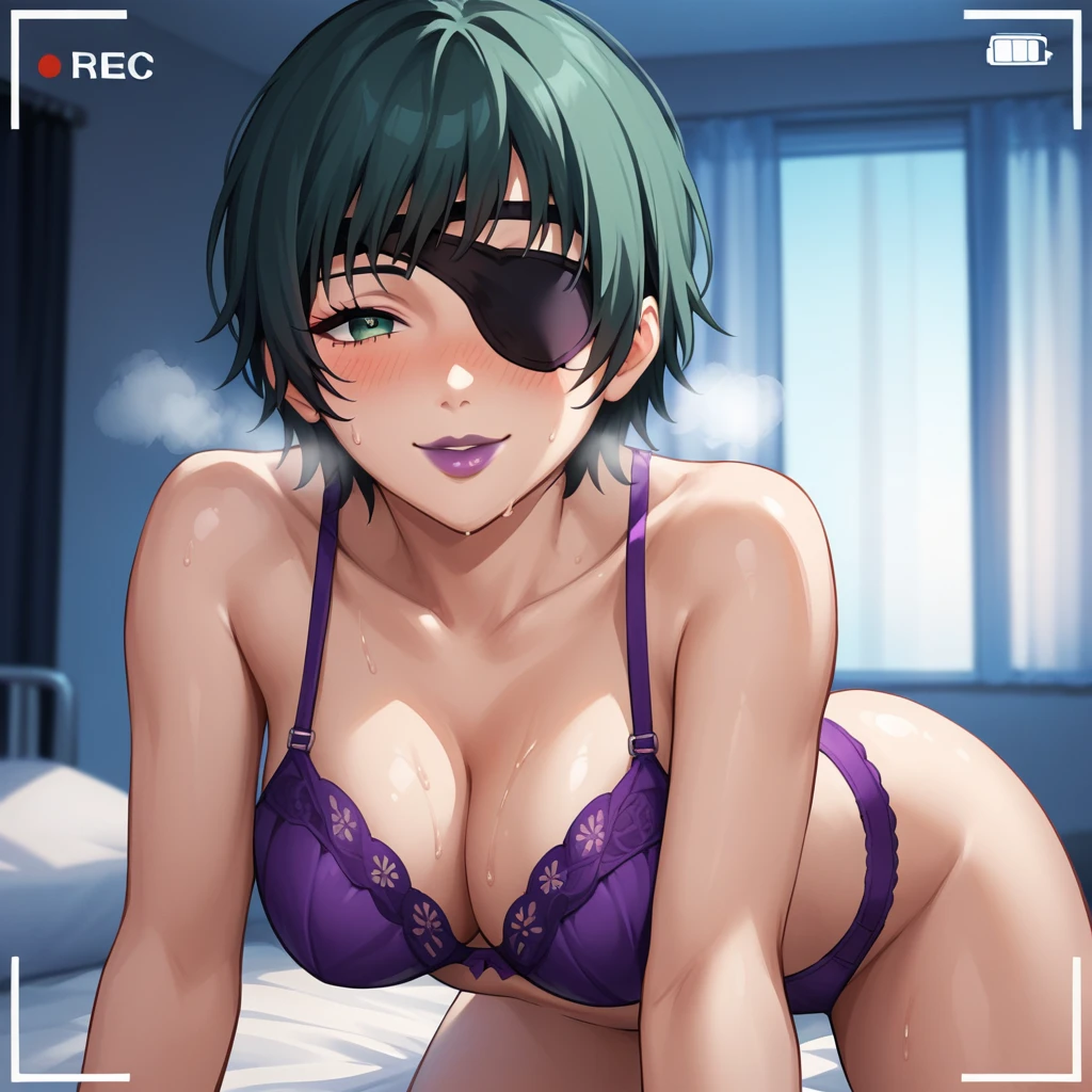 himeno, himeno(Chainsaw Man), 1girl 1boy, mature female, mature, Adult, black hair, short hair, eyepatch, POV, purple briefs, erection, Tickle with fingernails, seductive smile, aroused, in heat, sweat, nsfw, Villains, jungle, Night, Dark, dramatic angle, unique perspective, unique angle, masterpiece, Top animation quality, Top image quality,