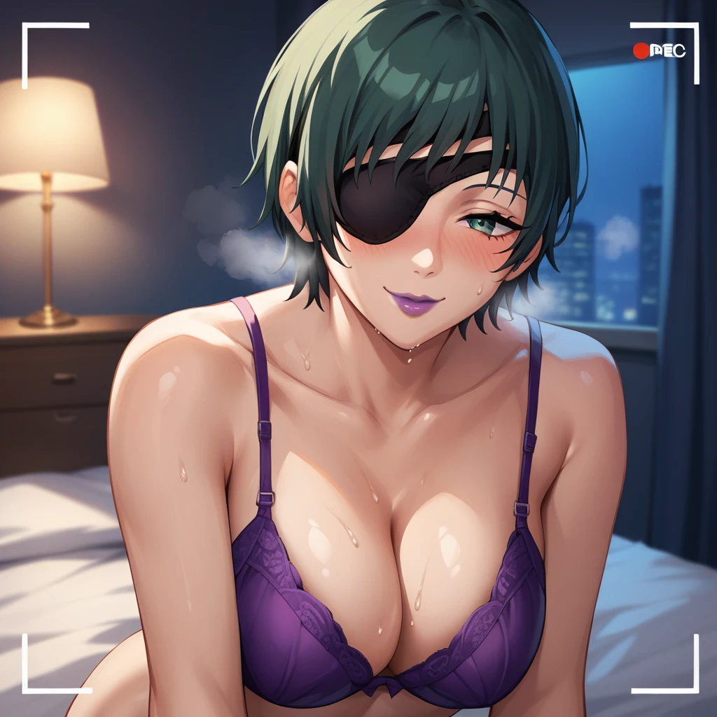 mature female, mature, Adult, himeno, himeno(Chainsaw Man), 1girl, black hair, short hair, eyepatch, solo, whispering, seductive smile, asmr, binaural, recording, sweat, breath, blush, aroused, in heat, 3dio, sexy, Villains, purple lips, purple bra, purple panty, bedroom, night, masterpiece, Top animation quality,Top image quality,