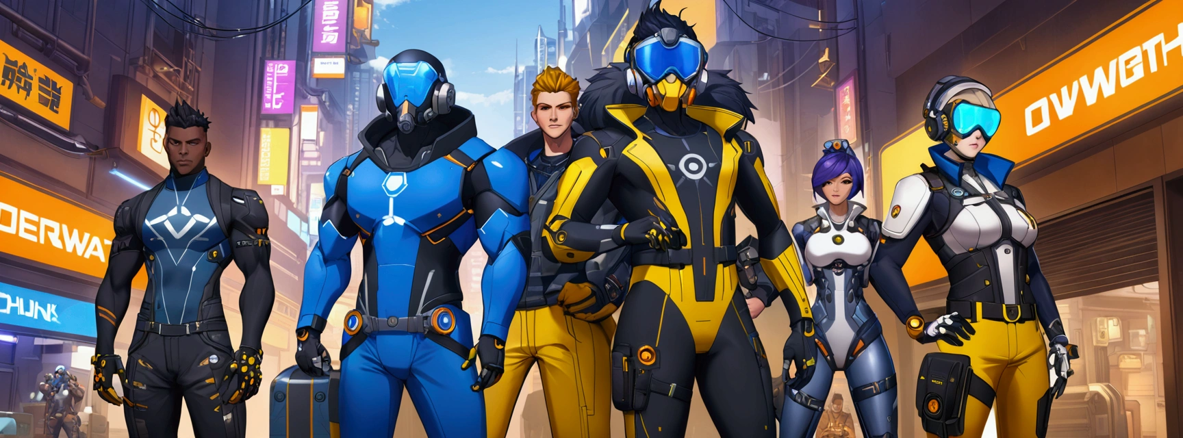 there is a man in a blue and yellow outfit holding a snowboard, lunar themed attire, energetic varia suit, technical suit, zirconium pants, mechanic punk outfit, overwatch skin, sigma from overwatch, blue uniform, laserpunk fullbodysuit, cargo pants. cyberpunk city, overwatch design, overwatch inspired, chrome outfit, costume with blue accents