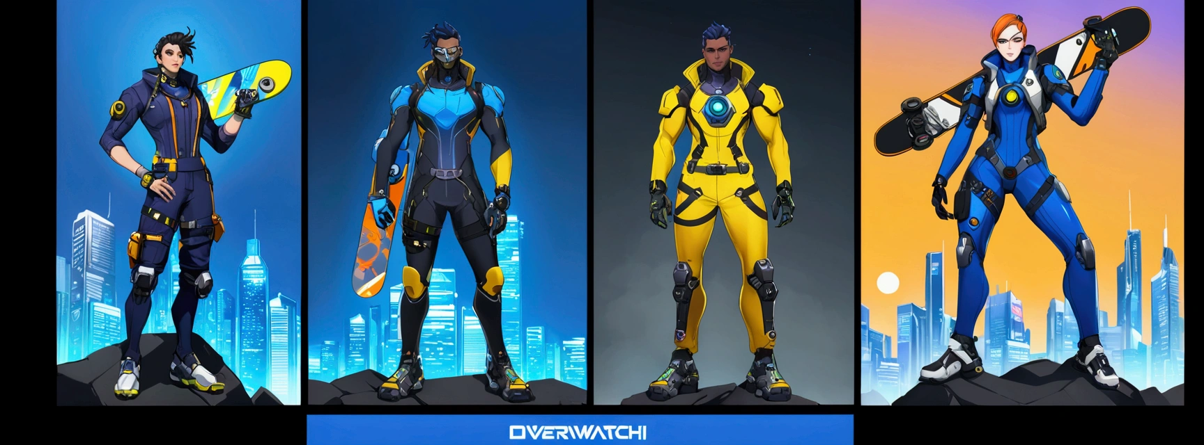 there is a man in a blue and yellow outfit holding a snowboard, lunar themed attire, energetic varia suit, technical suit, zirconium pants, mechanic punk outfit, overwatch skin, sigma from overwatch, blue uniform, laserpunk fullbodysuit, cargo pants. cyberpunk city, overwatch design, overwatch inspired, chrome outfit, costume with blue accents