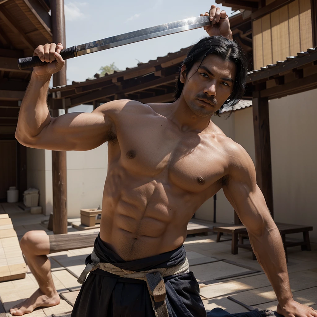 Shirtless muscular man weighing about 120 kilos in muscle mass and height of 1,75 meters tall black hair blue eyes white skin without beard and mustache in samurai style battle pose with a katana in his right hand 