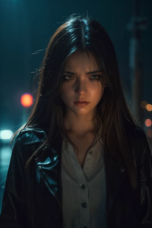 a woman walking alone on a deserted road at night,beautiful detailed eyes,beautiful detailed lips,extremely detailed eyes and face,longeyelashes,solo female protagonist,broken hearted,empty streets,neon lights,rain of tears,deep emotional wounds,lonely towns,melancholy atmosphere,moody lighting,dramatic shadows,cinematic composition,(best quality,4k,8k,highres,masterpiece:1.2),ultra-detailed,(realistic,photorealistic,photo-realistic:1.37),dramatic lighting,dramatic color palette,emotional storytelling,cinematic visual style,digital art