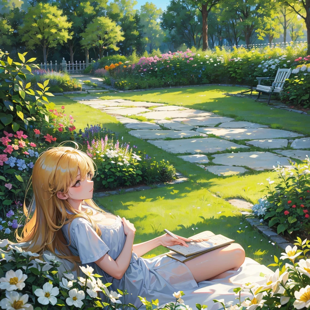 White soft clouds floating in the blue sky,Warm colors reflecting the sun,Above the garden is a lush green pasture, The scene is peaceful, Colorful flowers,Sunlight shines through the dense tree canopy, Casting warm natural heat, buzzer, Reality, High-quality images, 8K, High Detail, Perfect precision, Perfect composition, Elegant and charming, Realistic style, Warm colors, Soft shadows, Crisp details , High-definition quality , Higher lighting style