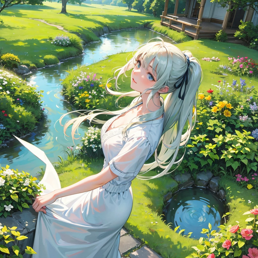 White soft clouds floating in the blue sky,Warm colors reflecting the sun,Above the garden is a lush green pasture, The scene is peaceful, Colorful flowers,Sunlight shines through the dense tree canopy, Casting warm natural heat, buzzer, Reality, High-quality images, 8K, High Detail, Perfect precision, Perfect composition, Elegant and charming, Realistic style, Warm colors, Soft shadows, Crisp details , High-definition quality , Higher lighting style