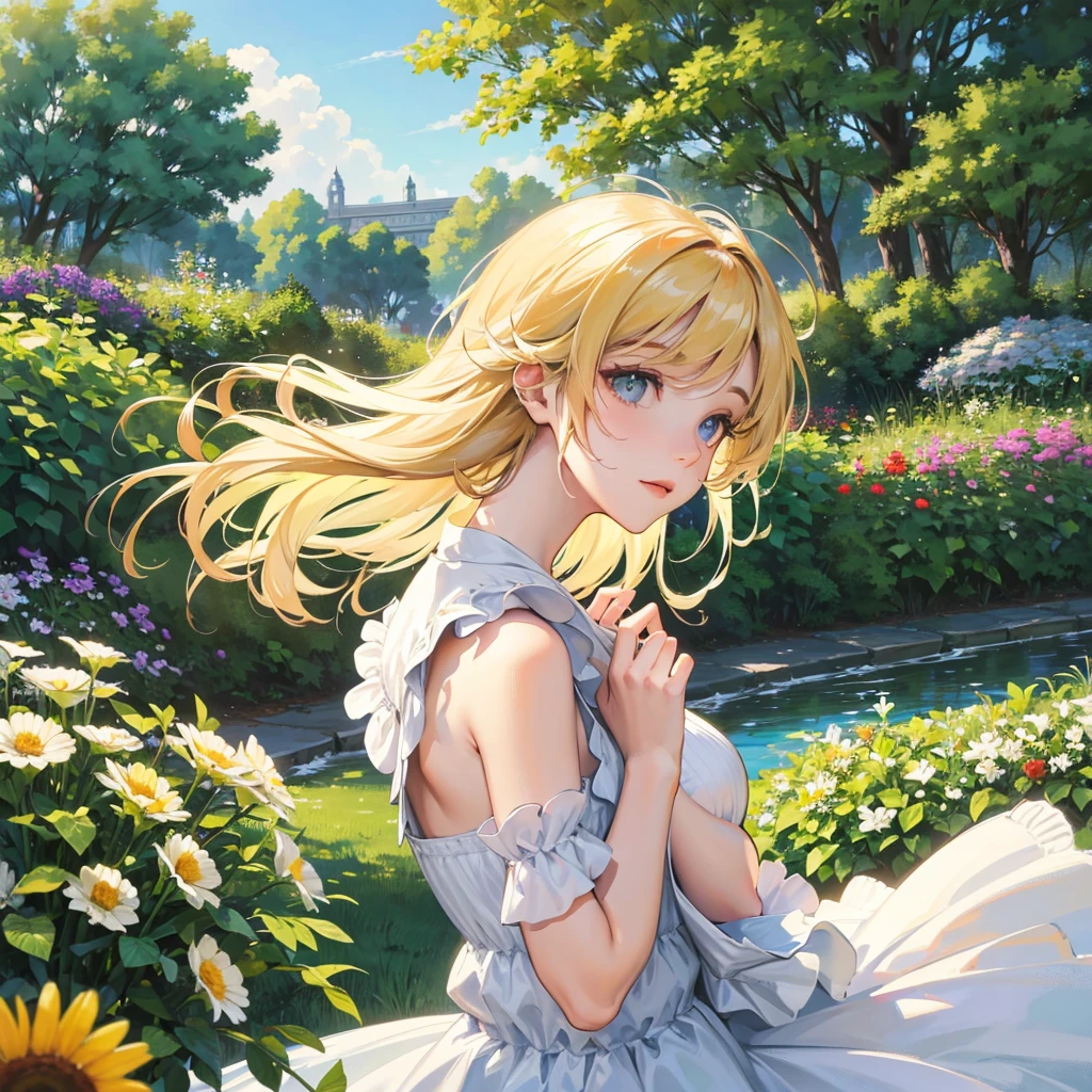  White soft clouds floating in the blue sky，Warm colors reflecting the sun，Above the garden is a lush green pasture, The scene is peaceful, Colorful flowers,Sunlight shines through the dense tree canopy, Casting warm natural heat, buzzer, Reality, High-quality images, 8K, High Detail, Perfect precision, Perfect composition, Elegant and charming, Realistic style, Warm colors, Soft shadows, Crisp details , High-definition quality , Higher lighting style