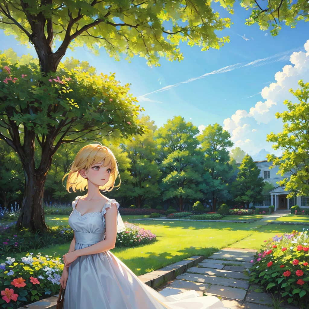  White soft clouds floating in the blue sky，Warm colors reflecting the sun，Above the garden is a lush green pasture, The scene is peaceful, Colorful flowers,Sunlight shines through the dense tree canopy, Casting warm natural heat, buzzer, Reality, High-quality images, 8K, High Detail, Perfect precision, Perfect composition, Elegant and charming, Realistic style, Warm colors, Soft shadows, Crisp details , High-definition quality , Higher lighting style
