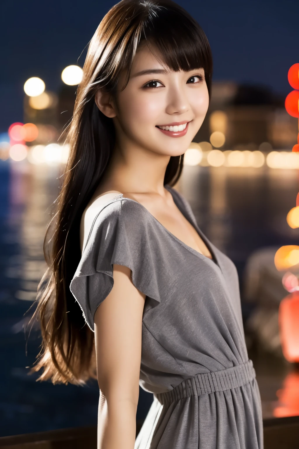 1 Girl, (Wearing a gray dress:1.2), (Supercluster), Very beautiful Japanese idol portraits,
(RAW Photos, Highest quality), (Realistic, Realistic:1.4), (masterpiece),
Very delicate and beautiful, Very detailed, 2k wallpaper, wonderful, finely, Very detailed CG Unity 8K wallpaper, Very detailed, High resolution, Soft Light,
Beautiful detailed girl, Very detailed eyes and face, Beautiful and sophisticated nose, Beautiful and beautiful eyes, Cinema Lighting,
(Fashion magazine photography:1.3), (Outdoor), (night lighting), (Waterfront),
(Semi-long hair),
Complete Anatomy, Slender body, Small breasts, smile