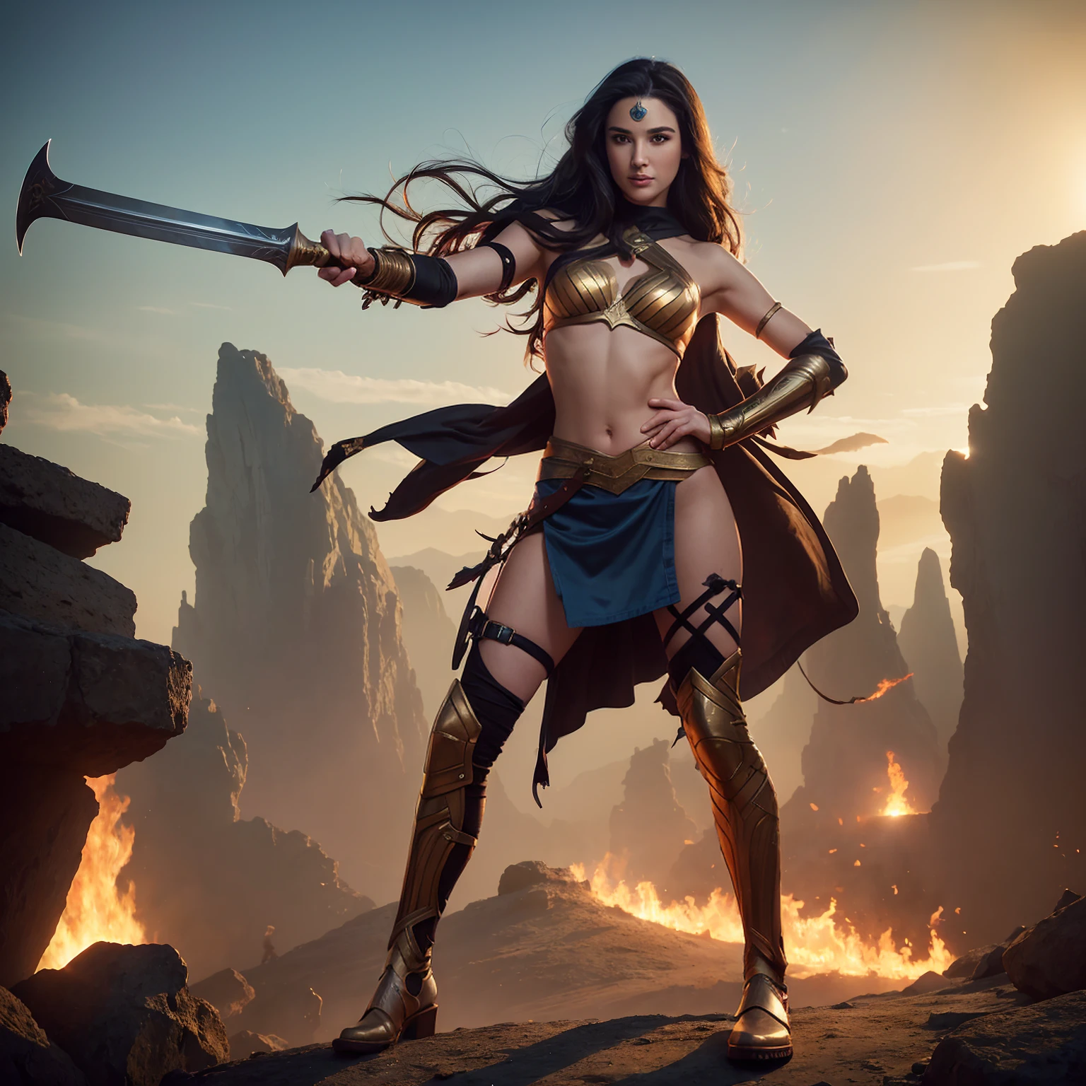 ((Full body photo, standing, feet on the ground)) 2girls, a woman dressed as a warrior holding a sword, sexy painting of gal gadot, tyler edlin fantasy art, fantasy woman, gal gadot as hell lord, zenescope, a very beautiful berserker woman, magali villeneuve', as seen on artgerm, very beautiful female barbarian, artgerm julie bell beeple, 4k fantasy art