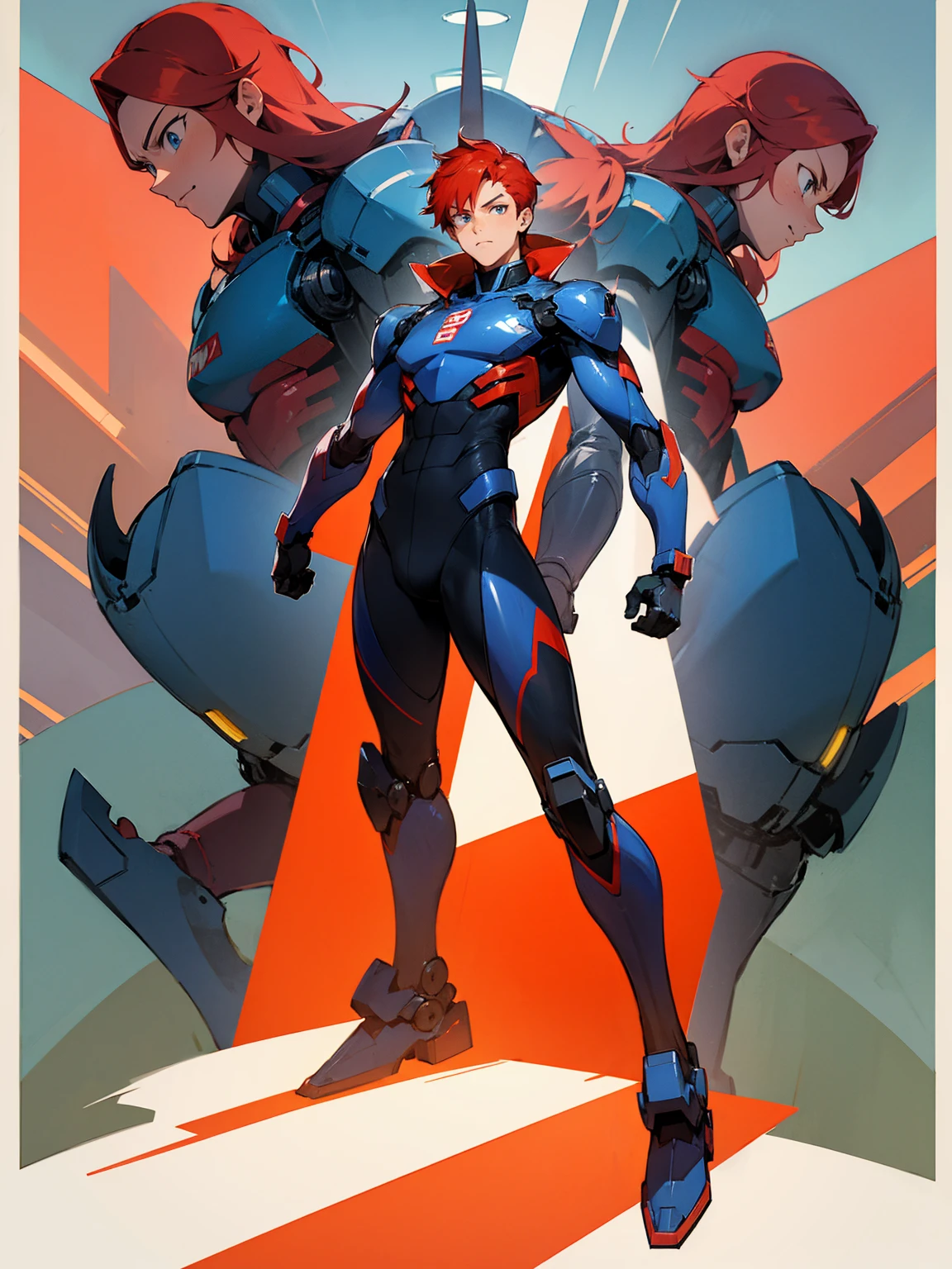 1male, super suit, red hair, giant robot in background, standing on path, serious