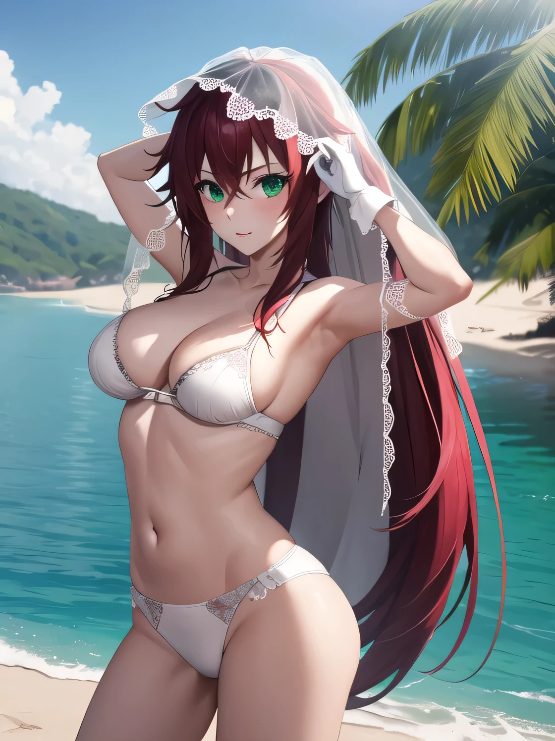 rias gremory, long hair, hair between eyes, (green eyes:1.3), red hair, masterpiece, best quality, highres, high_definition, long hair, a beach, 1girl, solo, a woman in a sexy bridal outfit, white glove, sexy pose, blush, bangs, hair_between_eyes, green eyes, veil, medium breasts, very long hair, ponytail, arms behind body, picture until her knees, sexy, picture from behind