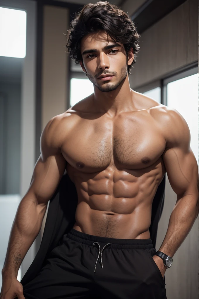 Beautiful Brazilian man with dark skin, dark clothes