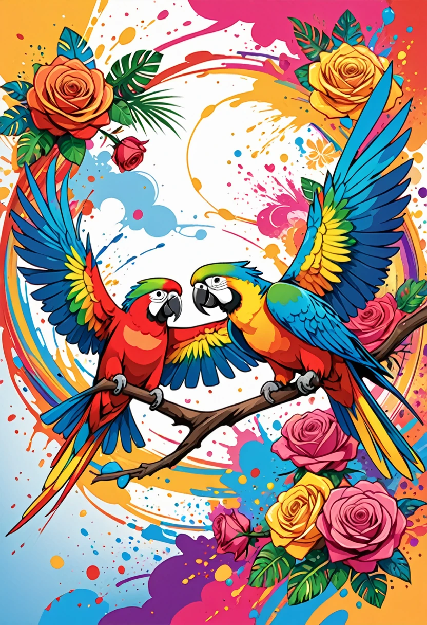 vectorial art, Colorful illustration with two parrots and many roses, At the center, swirly vibrant colors, paint splashes and smears, high détail,Hawaii Background