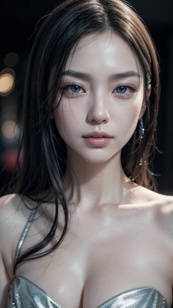 Photo of a Japanese, she is a woman of impressive beauty and unparalleled elegance, She has long black hair with a bluish shine, ((silver eyes)), has flawless pale skin, highly detailed and expressive face, (best quality,4k,8k,highres,masterpiece:1.2),ultra-detailed,(realistic,photorealistic,photo-realistic:1.37),portrait,concept art,dramatic lighting,vivid colors,intricate details, (Avoid deformed and poorly drawn eyes)