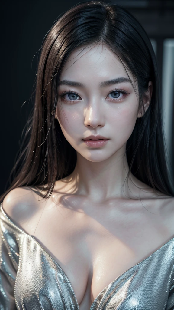 Photo of a Japanese, she is a woman of impressive beauty and unparalleled elegance, She has long black hair with a bluish shine, ((silver eyes)), has flawless pale skin, highly detailed and expressive face, (best quality,4k,8k,highres,masterpiece:1.2),ultra-detailed,(realistic,photorealistic,photo-realistic:1.37),portrait,concept art,dramatic lighting,vivid colors,intricate details, (Avoid deformed and poorly drawn eyes)