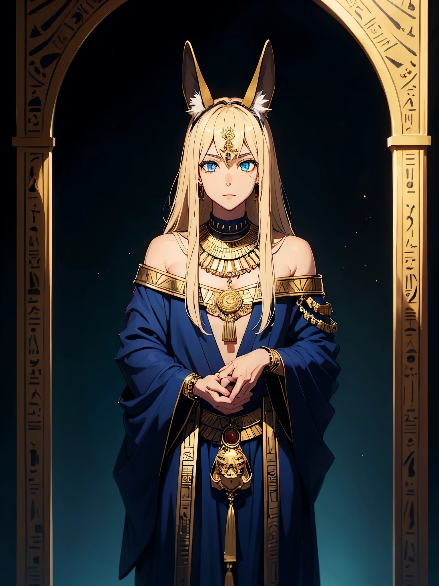Blaue Augen. Mehr anime. Hübsch. Anubis. Anubisohren. Jackal ears with fur. Teenage boy. Egyptian deity Anubis. Egyptian clothing. long blond hair. Lots of gold jewelry. dark skin. Egyptian. dazzling blue eyes. mystical. divine.