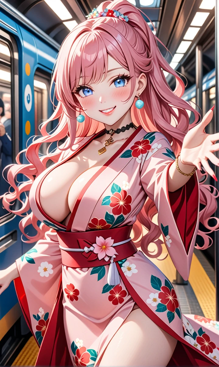 ultra-detailed, ((one girl)), (pale skin:1.4), in pastel colors gyaru, (heavy makeup), (professional lighting) hyper detailed, absurdres, 8K, Beautiful Face, (Laugh shyly), ((teasing smile:1.8)), ((Wink:1.7)), (Laugh with your mouth wide open),((Tilt your face:1.6)), View your viewers, ((Bright red cheeks:1.6)),Glossy Red Lips, ((Big Breasts:1.5)), ((undressing:1.2)), noon, Getting off the train , ((Anime style background)),masterpiece, Highest quality, so beautiful,Latest, Complex details, (Pink long nails), (nail art), (ring),(bracelet), (Floral Choker),AI-generated, Complex,High resolution, Highest quality, super high quality,3D Images、3D Images,One person,Pastel pink long hair,(High Ponytail), (wavy hair:1.3), Pastel anime woman posing for a photo, ((Fine grain、blue eyes、glowing eyes:1.4)), (Squint your eyes:1.1),a hyperRealistic , hyperRealistic , Realistic,Anime woman with long pastel pink hair, Smooth anime CG art, A girl in a gorgeous pastel-colored kimono, ((Pastel-colored furisode)),(Pink large floral pattern), Long flower hair ornament,Floral Earrings,Mature Body, tall,Narrow waist,((Reaching out:1.6)),