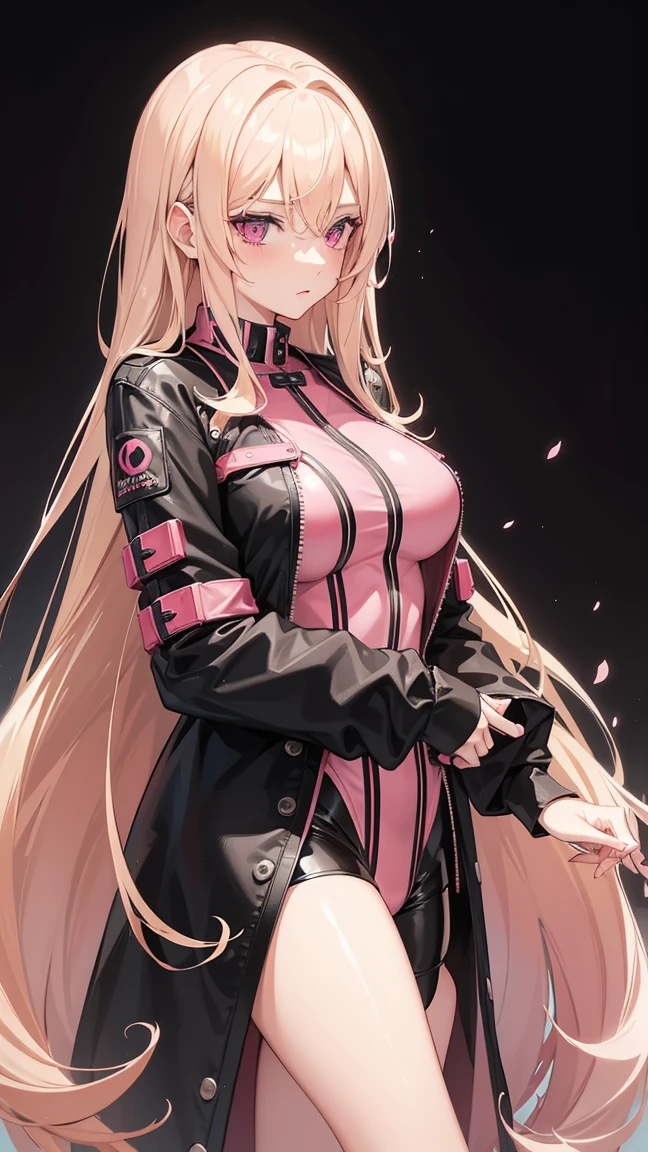 (((Adult woman))), long blonde hair, (Pink eyes), (black-pink plugsuit)