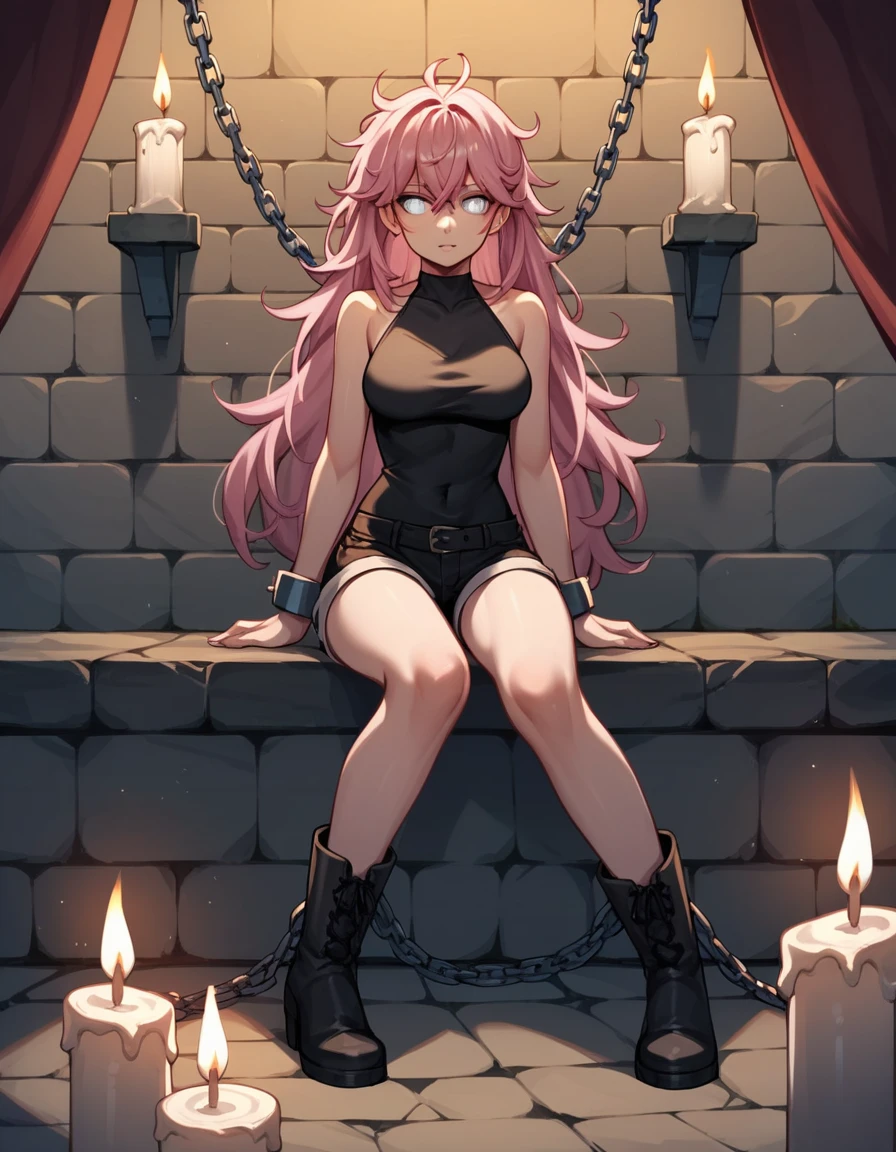 score_9, score_8_up, score_7_up, score_6_up, score_5_up, score_4_up, source_anime, 1girl, pink hair, long hair, white eyes, w-w-chain, shackles , Chained to the wall arms, messy hair, black brasserie, shorts, lace-up boots, over the knee, black boots, night, candles, dungeon, best quality, best res, 4K UHD,