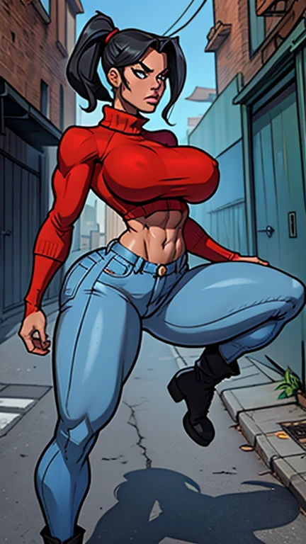 Angry gang girl in threatening position, slim thicc, light tanned skin, dark blue ponytail hair, delicate face, perfect medium firm breasts, athletic complexion, very thin waist, muscular abdomen, Wide hips, hip dips, very big thighs, long legs, with a short sweater showing the gray abdomen, very tight jeans, combat boots, in dangerous alley scenario