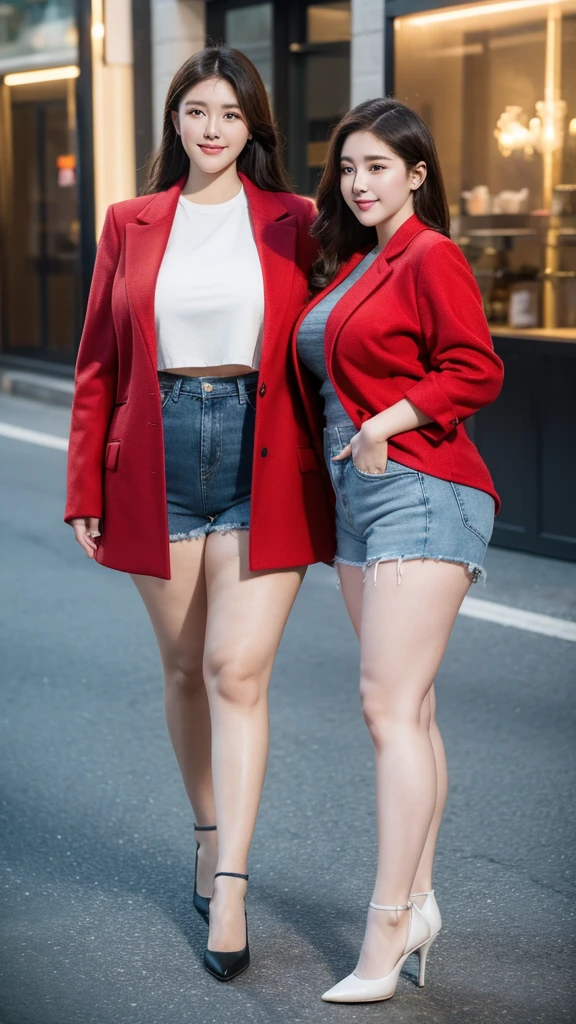 Two twin sisters,Height 1.85 meters, Two smiling fat women ((best quality)), ((masterpiece)), (detailed), Oval face, Wearing a red woolen coat and denim shorts, Wearing a loose, Thin waist and thick hips, Soft curves, hyperPractical full figure, Loose shirt, Long legs,,thickness, Two beautiful plump women, Beautiful curvy women,, Big goals,Clear curve details, Curvy hourglass figure, Charming plus size models, bbw酱, full image, Surface Model, Curvy body, (full-body shot)blush, 1girll fat , become a, , Golden Ratio,(Korean Idol),(White and tender skin:),High quality background, HD, Practical, HDR. pedestrian mall,Skin as white as paper,High heel,It was raining in the sky,grassland