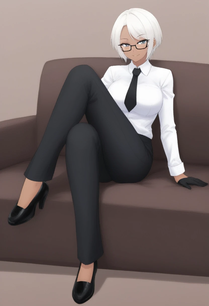 sketch of woman character artist in formal clothes and glasses, Sitting, cross-legged, sofa, wearing a white shirt and black tie, 1girl, dark skin, solo, gloves, dark-skinned female, white hair, pants, short hair, shirt, black gloves, bow, black pants, glasses, breasts, bowtie, smile, white shirt, looking at viewer, long sleeves, full body, ((Leg Crossing ))