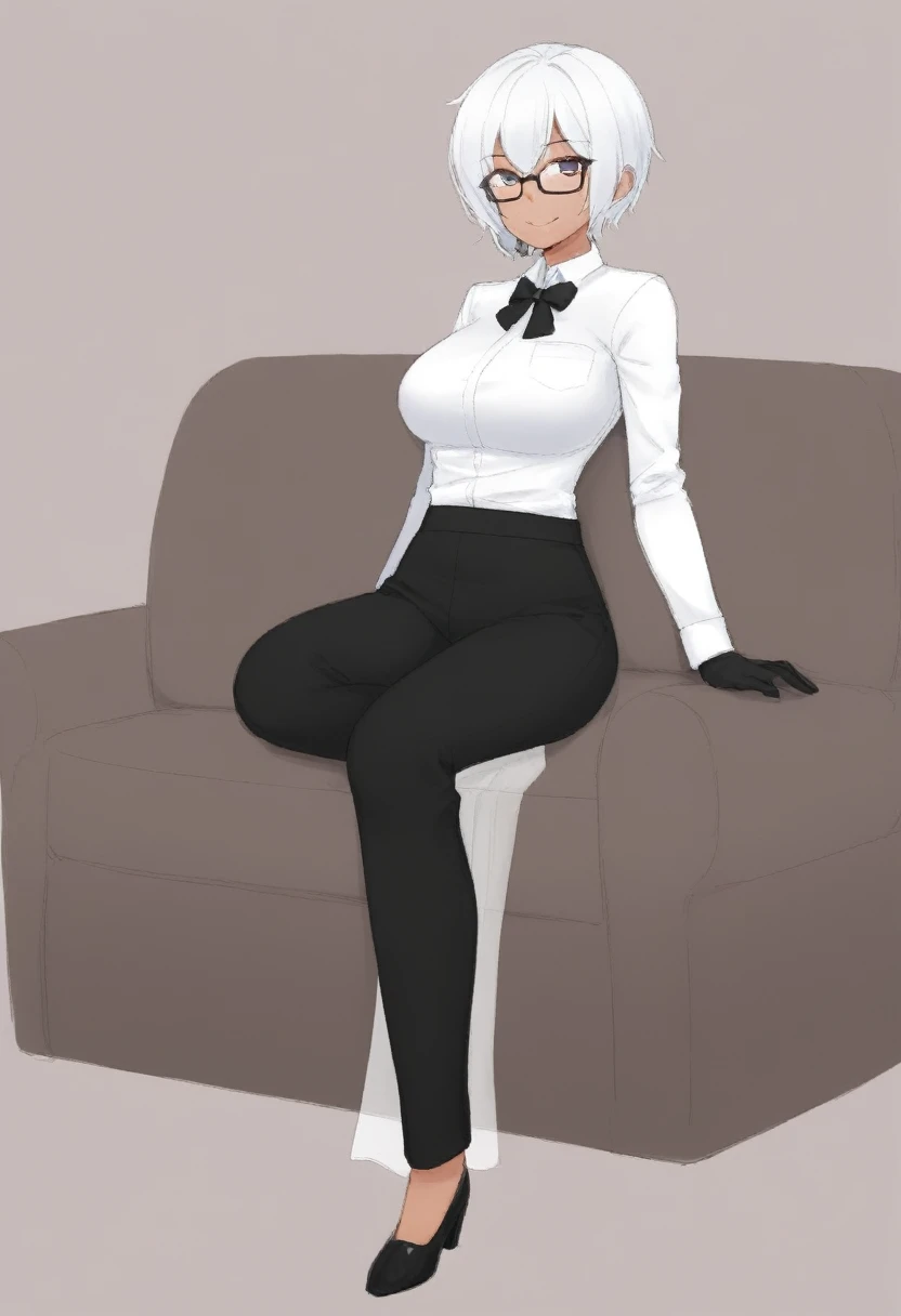 sketch of woman character artist in formal clothes and glasses, Sitting, cross-legged, sofa, wearing a white shirt and black tie, 1girl, dark skin, solo, gloves, dark-skinned female, white hair, pants, short hair, shirt, black gloves, bow, black pants, glasses, breasts, bowtie, smile, white shirt, looking at viewer, long sleeves, full body, ((Leg Crossing ))