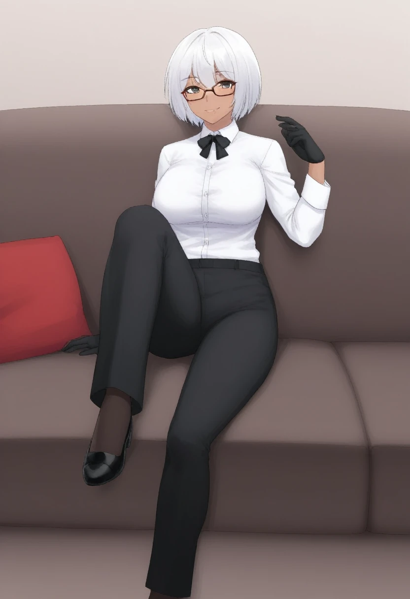 sketch of woman character artist in formal clothes and glasses, Sitting, cross-legged, sofa, wearing a white shirt and black tie, 1girl, dark skin, solo, gloves, dark-skinned female, white hair, pants, short hair, shirt, black gloves, bow, black pants, glasses, breasts, bowtie, smile, white shirt, looking at viewer, long sleeves, full body, ((Leg Crossing ))