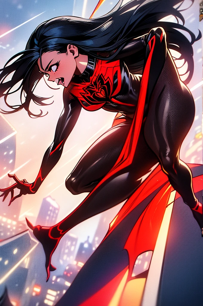 Full body illustration of Spiderwoman, dynamic pose, sleek superhero costume, arachnid-themed details, high quality, comic book style, vibrant colors, dramatic lighting, detailed web patterns, powerful stance, intense expression, urban cityscape background, heroic, action-packed, sleek design, larger than life, professional, vibrant colors, dynamic lighting