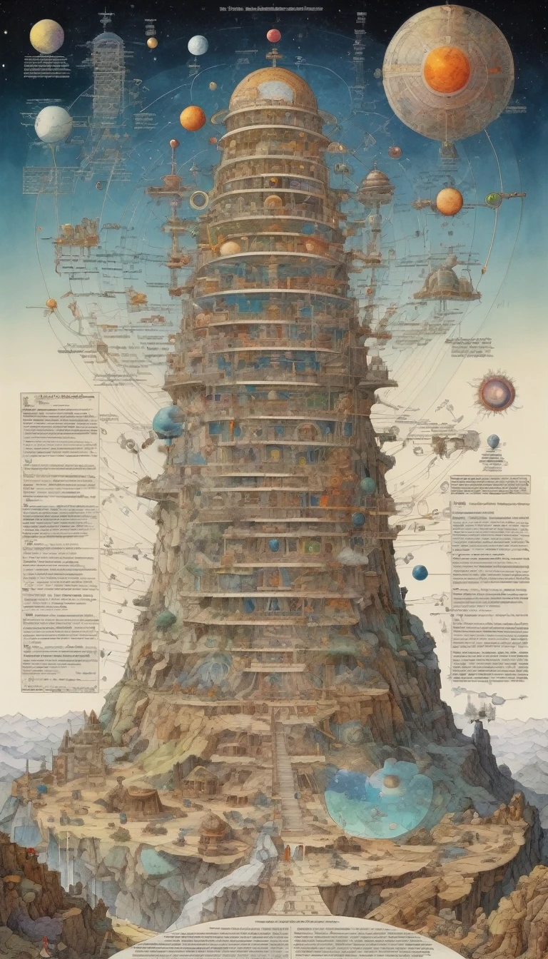 Diagram of the seven levels of cosmic structure,Detailed instructions on the wall chart,Mysterious Universe Mount Xumi,Inspired by W. Heath Robinson, best quality, masterpiece, Ultra-high detail, 8K