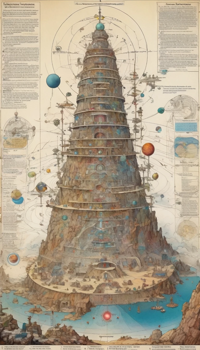 Diagram of the seven levels of cosmic structure,Detailed instructions on the wall chart,Mysterious Universe Mount Xumi,Inspired by W. Heath Robinson, best quality, masterpiece, Ultra-high detail, 8K