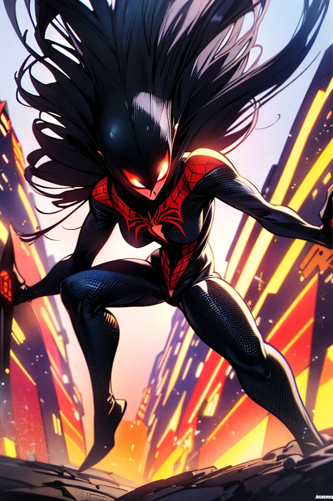 Full body illustration of Spiderwoman, dynamic pose, sleek superhero costume, arachnid-themed details, high quality, comic book style, vibrant colors, dramatic lighting, detailed web patterns, powerful stance, intense expression, urban cityscape background, heroic, action-packed, sleek design, larger than life, professional, vibrant colors, dynamic lighting
