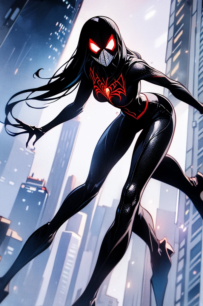 Full body illustration of Spiderwoman, dynamic pose, sleek superhero costume, arachnid-themed details, high quality, comic book style, vibrant colors, dramatic lighting, detailed web patterns, powerful stance, intense expression, urban cityscape background, heroic, action-packed, sleek design, larger than life, professional, vibrant colors, dynamic lighting