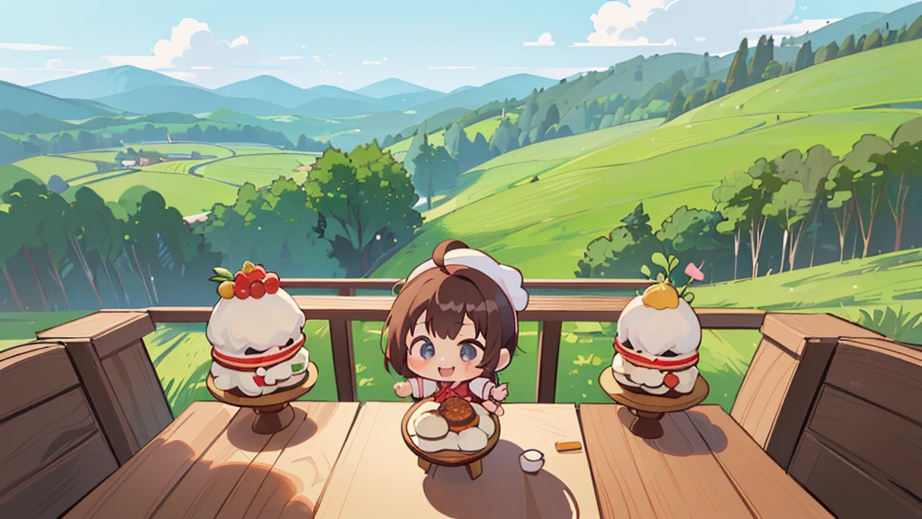 (((masutepiece))), Best Quality, Extremely detailed, (Chef Costume:1.2), (Chef's Hat), (((girl)), (((Solo))), Happy, ((Full body)), Ahoge, (((Deformed))), (((Chibi Character))), ((crossed arms))), (((cooking)), ((many food)), (( food on table)), ((( Restaurant))), (((standing in front of the restaurant))), ((Front of restaurant)), panoramic country background, ((( country background))), (((overview))), (((Perspective)))