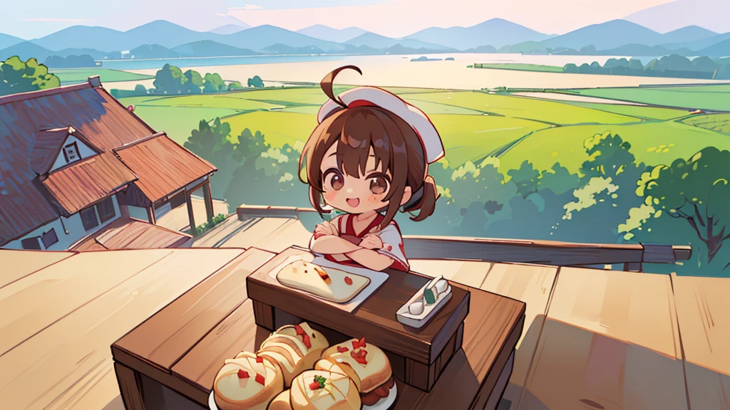 (((masutepiece))), Best Quality, Extremely detailed, (Chef Costume:1.2), (Chef's Hat), (((girl)), (((Solo))), Happy, ((Full body)), Ahoge, (((Deformed))), (((Chibi Character))), ((crossed arms))), (((cooking)), ((many food)), (( food on table)), ((( Restaurant))), (((standing in front of the restaurant))), ((Front of restaurant)), panoramic country background, ((( country background))), (((overview))), (((Perspective)))