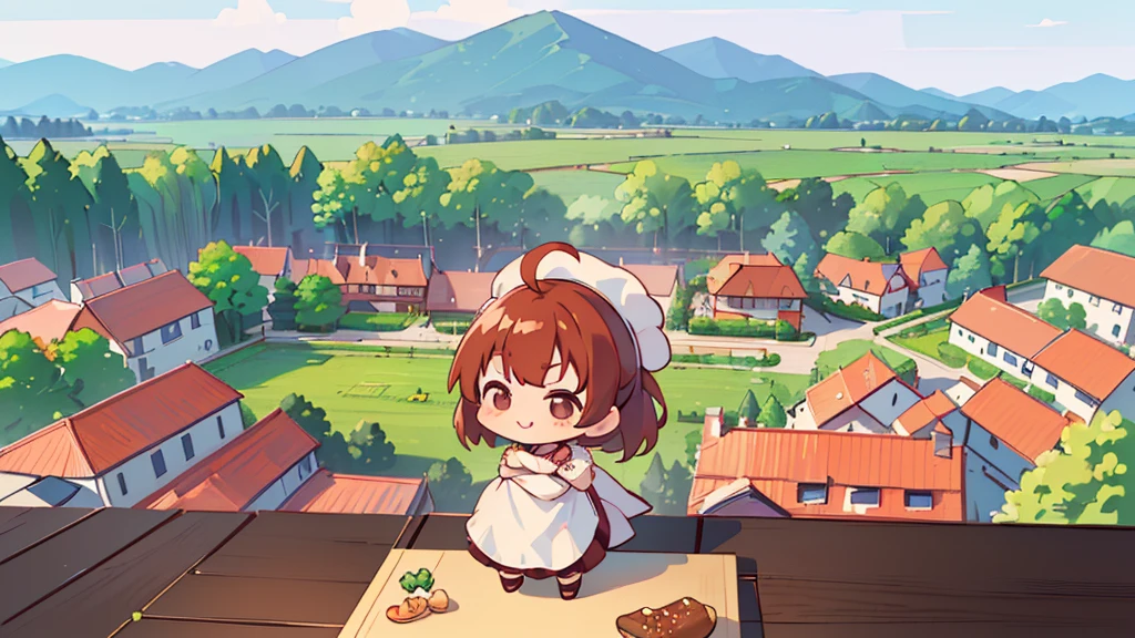 (((masutepiece))), Best Quality, Extremely detailed, (Chef Costume:1.2), (Chef's Hat), (((girl)), (((Solo))), Happy, ((Full body)), Ahoge, (((Deformed))), (((Chibi Character))), ((crossed arms))), (((cooking)), ((many food)), (( food on table)), ((( Restaurant))), (((standing in front of the restaurant))), ((Front of restaurant)), panoramic country background, ((( country background))), (((overview))), (((Perspective)))