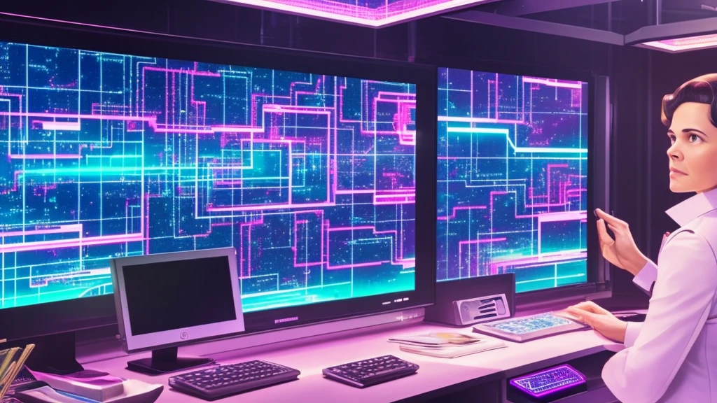 Dr. Evelyn Turing, 40-year-old woman, standing in a high-tech office overlooking Neo-Tokyo, holographic screens displaying crime statistics