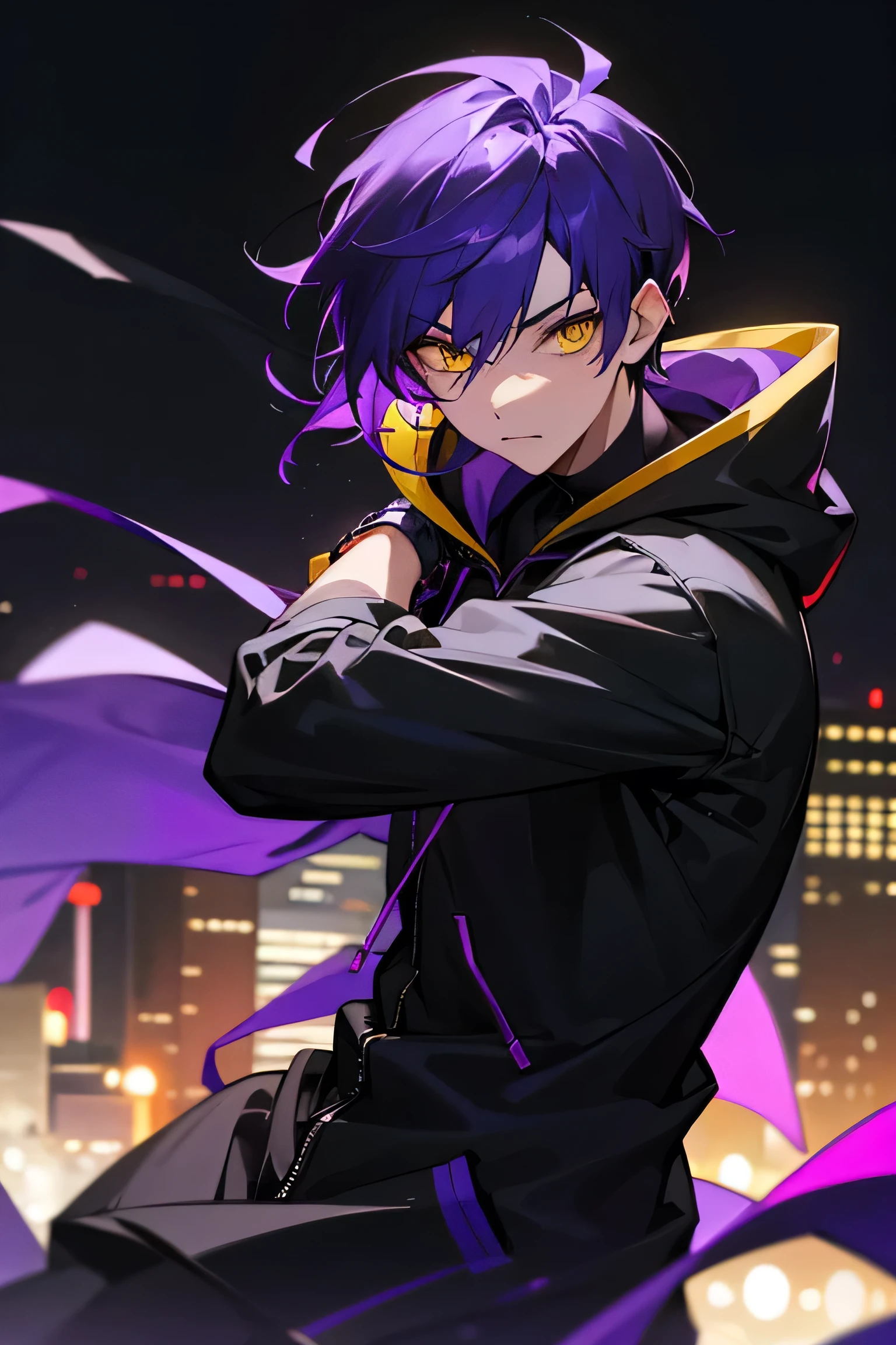 1boy, midnight purple mesh hair, yellow eyes, wearing black purple hoody, city, high res, ultrasharp, 8K, masterpiece