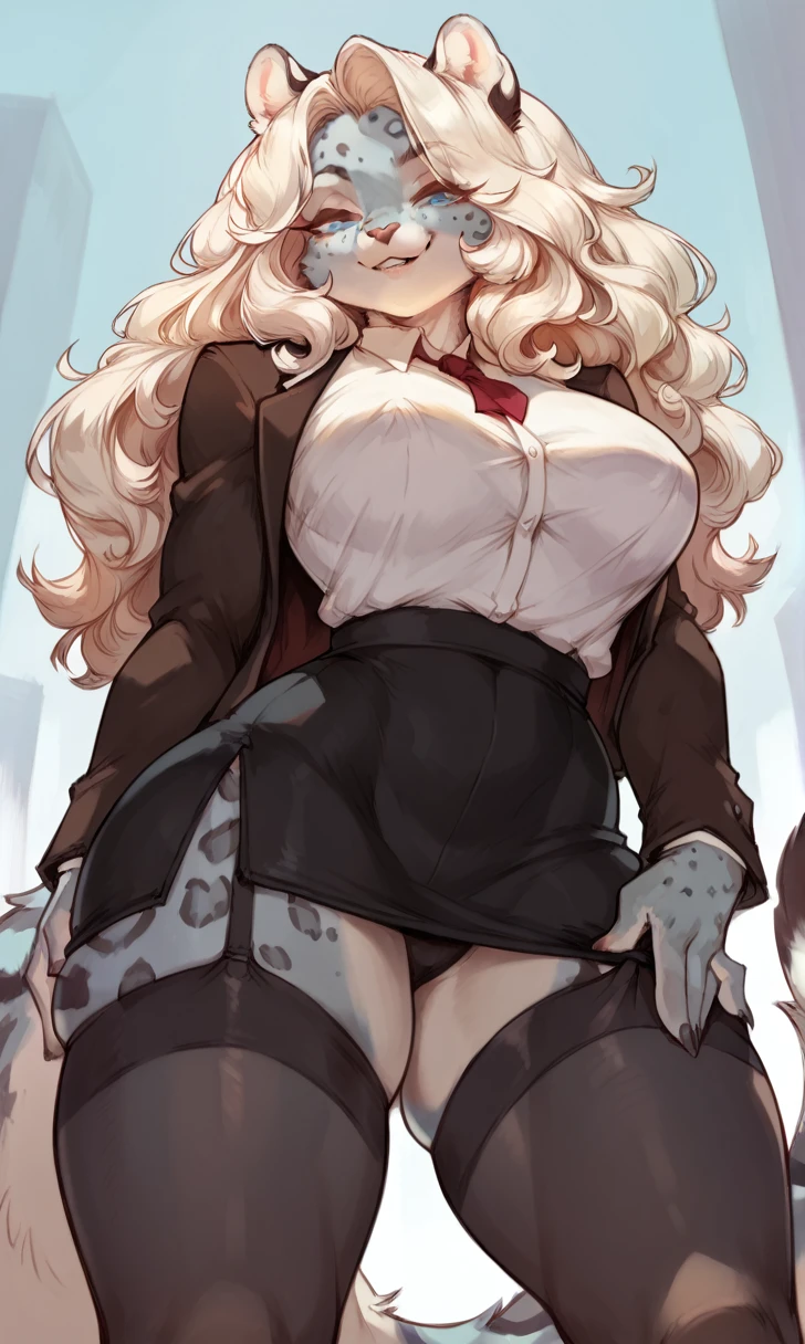 female anthro Snow leopard,Brown long fluffy hair, fluffy hair, squirrel ears, Snow leopard, big breasts, attractive, secretary clothes, thicc body, thicc, freckles, freckles on face, neutral expression, smug eyes, skirt, black skirt, garter belt tights, she is standing (thick thighs:1.5) ((low angle view))