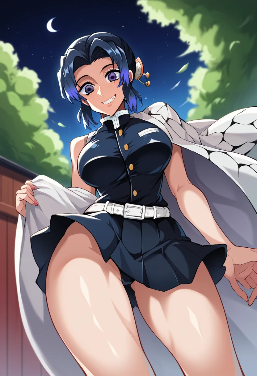O Estilo de desenho é imilar ao de Illuxxtrandy como detalhes exagerados and cartoons, its lines are bold and expressive, strong lines to outline the characters and setting, and cartoons, A character from Kimetsu no Yaiba Demon Slayer,short black blue hair, beautiful black skirt, Oni Hunter, angle from above, night scenery, thin chin, shiny, subtle smile, chic, front angle.