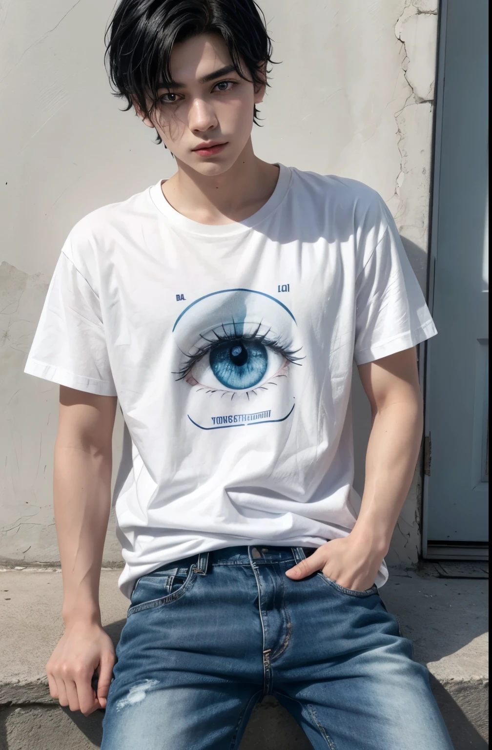 1 boy with black hair, eyes of the same color, White t-shirt and blue jeans