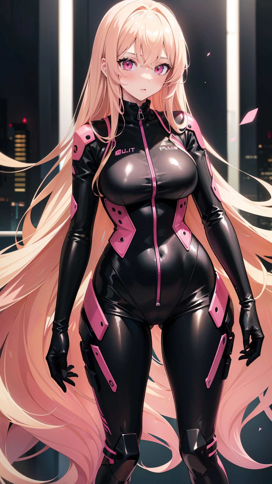 (((Adult woman))), long blonde hair, (Pink eyes), (black-pink plugsuit)
