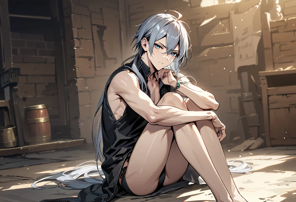 absurdres, highres, ultra detailed, super fine illustration, best quality, 1boy, perfect anatomy, male focus, solo, (dark-skinned:0.8) male, silver hair, long hair, black bikini, bare shoulders, bare arms, bare legs, <lora:_L2090:-0.6> <lora:flat:-0.2>
