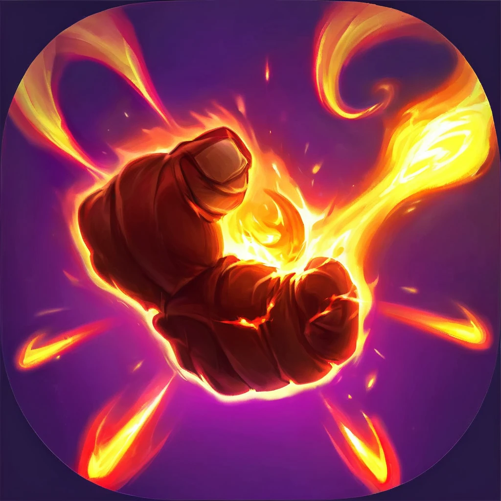 Icons, I want a burning fist, with 5 fingers, and with fire flying around