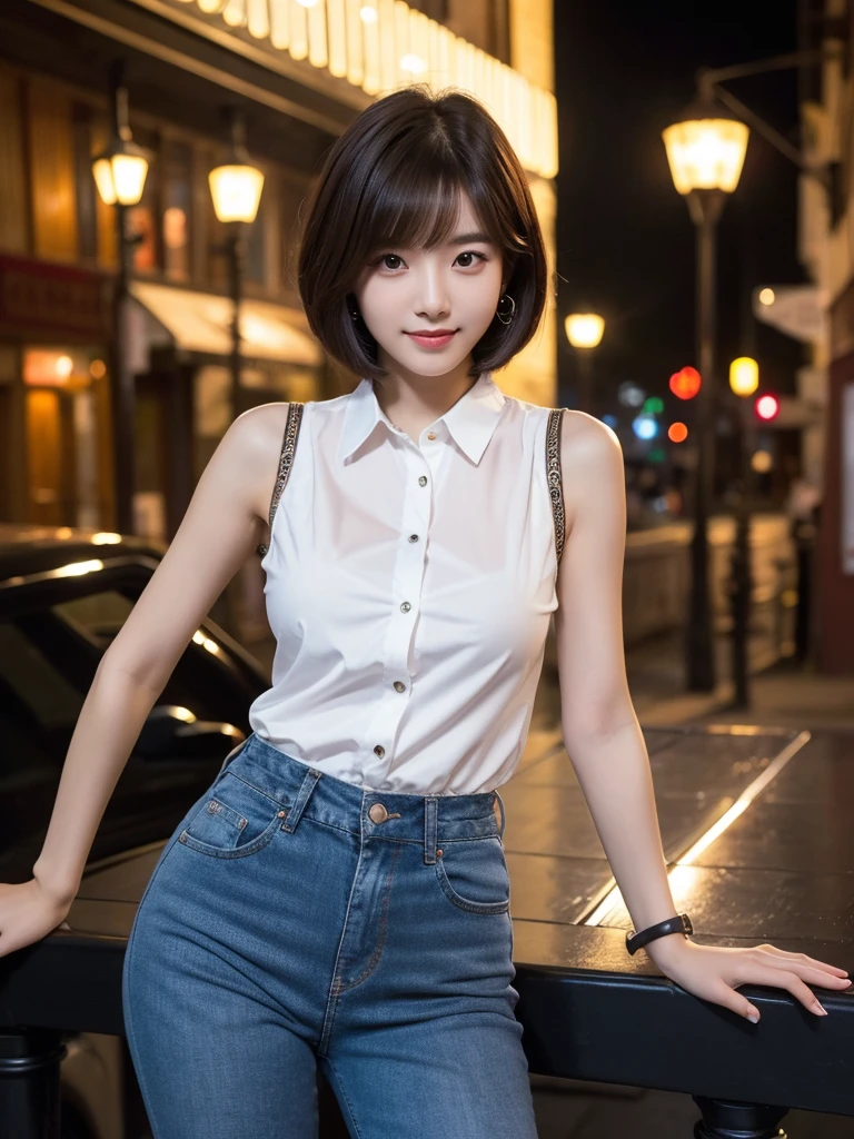 occult, Beautiful young Korean woman, slim eyes, narrow eyes, symmetrical eyes, (highlight color hair, Short hair, bob cut hairstyle), earring, thin bracelet on wrist, (whole body, sleeveless shirt, Shirts with buttons, tight pants: 1.2, high heel) , ultra detail, intricate details, Highly detailed faces and skin tones, slim body, detailed eyes, realistic, assembly, intellectual, Bewitching, beautiful standing figure, , medieval european cityscape, Street at night, invincible smile, Voluminous breasts, 1 girl,