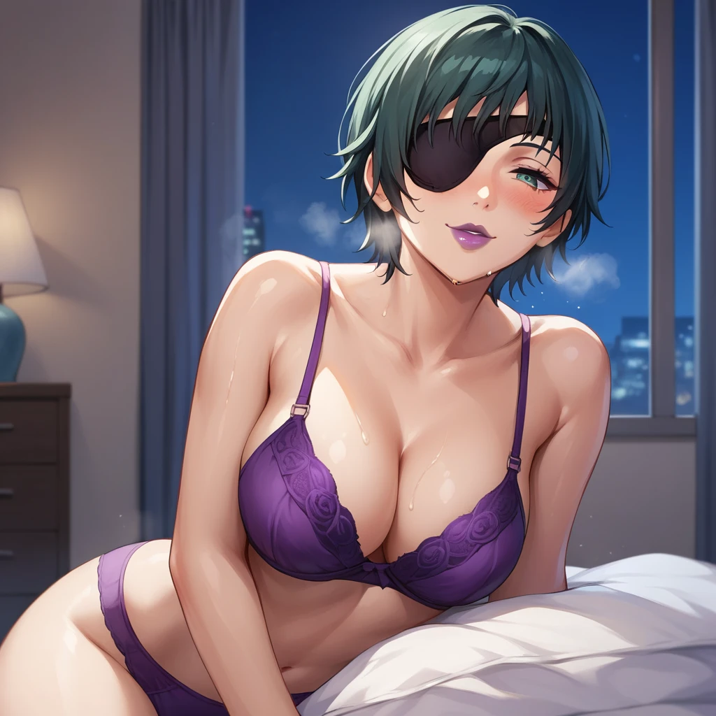 mature female, mature, Adult, himeno, himeno(Chainsaw Man), 1girl, black hair, short hair, eyepatch, solo, whispering, seductive smile, asmr, sweat, breath, blush, 3dio, sexy, Villains, purple lips, purple bra, purple panty, bedroom, night, masterpiece, Top animation quality,Top image quality,