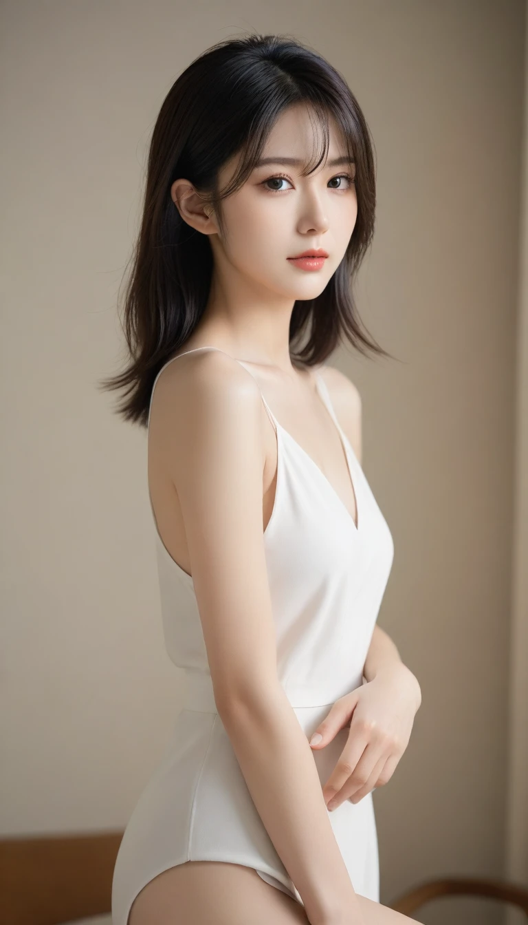 8K, Ultra-high resolution, Highest quality, masterpiece, 三分割法によるphotograph,Surreal, photograph, 1 Girl, (:1.3), pretty girl, Cute face, Beautiful eyes in every detail, 細かくdetailedに,masterpiece,One Girl:1.2, Japan Female Announcer, whole body,from side,blush,closed eyes,shy,Black Hair,Bob with bangs,ballet,Spanking,Captivating ass,Delicate and smooth skin, Realistic Skin, Perfect and beautiful face ,完璧でCute face, Skin with attention to detail, Perfect limbs、Narrow waist、Thin legs)、Browsing Caution,Beautiful leg line beauty,Looking at the audience、beauty,Long neck、(((Ideal body type))),A cup small breasts :2,、Portraiture:2、Perfect Anatomy、鮮明なdetailed、detailed、Surreal、Light and shadow,Strong light