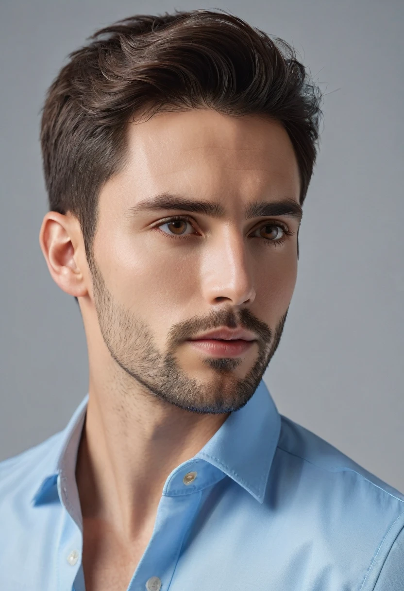 (lifelike, high quality: 1.3), best quality masterpiece, photorealistic, hyperrealistic, highres, high resolution, detailed, 8k, HDR, (Soft color: 1.2), shallow depth of field, broad light, high contrast, backlighting, bloom, good lighting quality, light sparkles, chromatic aberration, sharp focus, RAW color photo, fine skin, ((detailed facial features)), complex: 1.2, (finely detailed skin, realistic skin texture, extreme skin details, (pores:0.1), portrait of a handsome french man, 30 years old, round face, cinematic look、((wearing baby blue business shirt and black tight jeans)), ((full body shot in front of a plain studio wall)), dark brown hair, short back and sides hair, brown eyes, french nose, has a 3 days rap industry standard beard, skinny, average tall, pointy nose, thin lips, distinct face, masculine young man, 27 years old, dark brown hair , hazelnut brown eyes, male energy, thick eyebrows