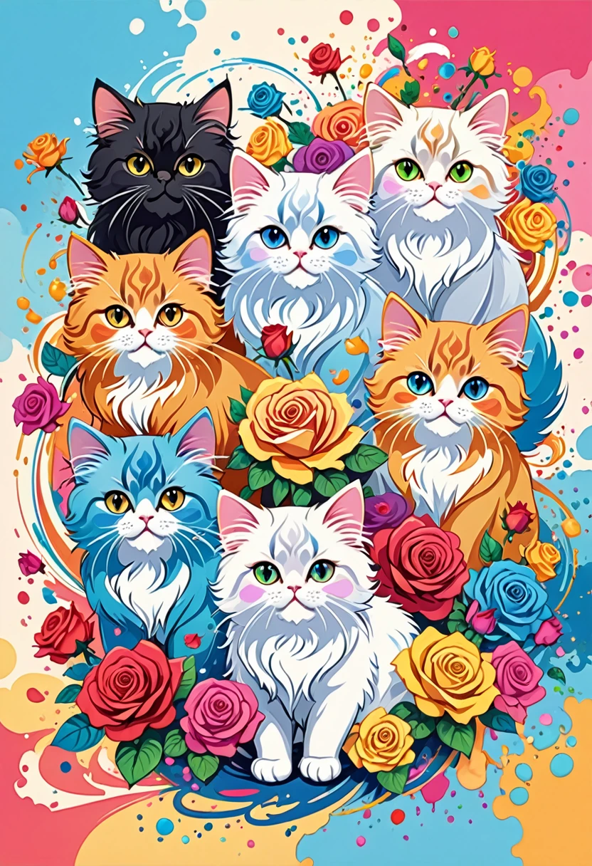 vectorial art, Colorful illustration with six cute Persian cats and lots of roses, At the center, swirly vibrant colors, paint splashes and smears, high détail,Hawaiian style background
